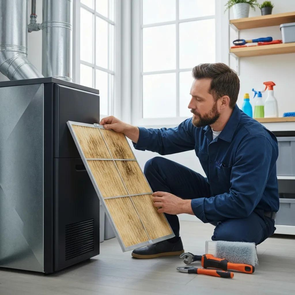 Resolve HVAC Issues: Essential Furnace Troubleshooting Tips 2 Person replacing a dirty furnace filter — simple maintenance to improve furnace performance